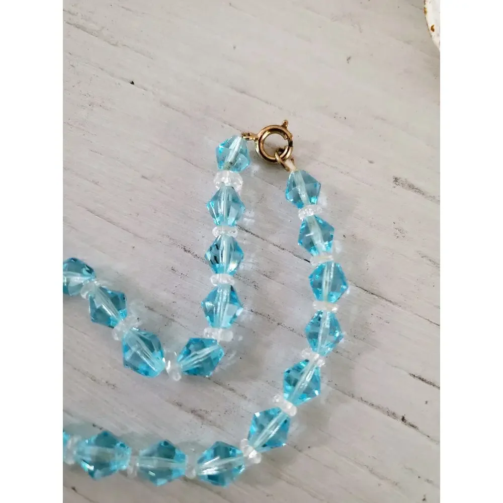 Vintage Light Blue and Clear Faceted Graduated Bead Necklace